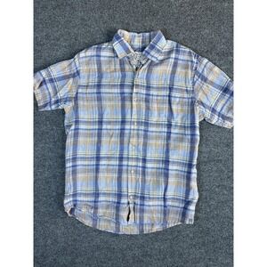 Peter Millar Shirt Mens M Blue Plaid Linen Short Sleeve Button Up Casual Coastal